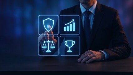 Businessman pointing on a glowing holographic icons like shields, graphs, and legal scales, symbolizing deep inspection, progress, and production planning focus
