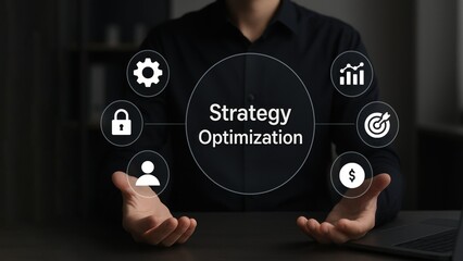 Businessman hands toward floating icons of data and finance with central text strategy optimization, highlighting validation, analysis, and production planning concept