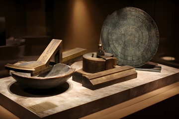 Ancient Chinese astronomical instruments reveal historical scientific exploration and celestial navigation on a marble display.