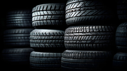Obraz premium Stacked car tires in dark warehouse setting