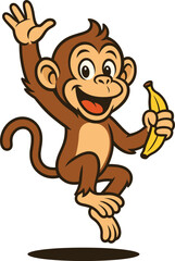 Jumping Happy Monkey Cartoon Character with Banana for Kids' Fun and Playful Designs, Adorable Animal Mascot for Children's Books and Educational Content, Cheerful Primate with