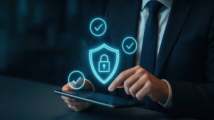 Businessman useing a tablet with floating shield and file icons glowing above, representing digital security and production planning and control