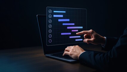 Businessman interact with glowing gantt chart above laptop in dark office, symbolizing task tracking and production planning and control efficiency