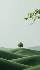 Obraz premium Minimalist Green Hills Landscape with Lone Tree and Gray Sky