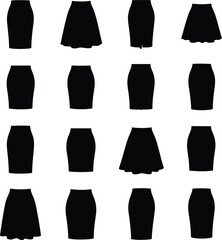 Vector illustration set of women's skirt silhouettes, showcasing diverse styles like pencil, A-line, and flared designs, ideal for fashion, apparel, and wardrobe concepts on white background.
