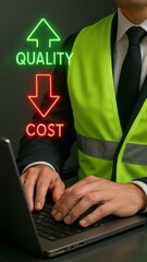 Person in suit and safety vest types on laptop with icons for quality up and cost down, showing production planning and control
