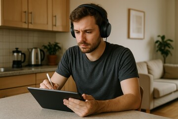 Man using tablet with headphones while taking notes in a modern living room during afternoon hours
