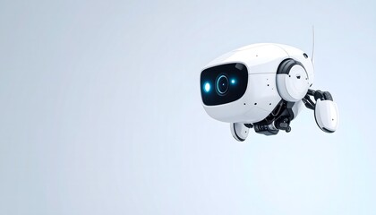 Floating AI surveillance droid with glowing sensors, positioned in lower-left. White gradient background creates clean space for UI, overlay, or ad design.
