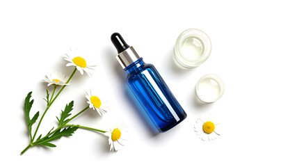 Blue serum bottle with daisies and creams dropper glass jars