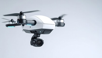 Floating AI surveillance droid with glowing sensors, positioned in lower-left. White gradient background creates clean space for UI, overlay, or ad design.