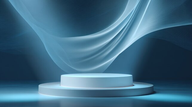 High quality photo of futuristic blue podium with ethereal spotlight beams and flowing light waves in background, perfect dreamy abstract scene for product display or tech branding.