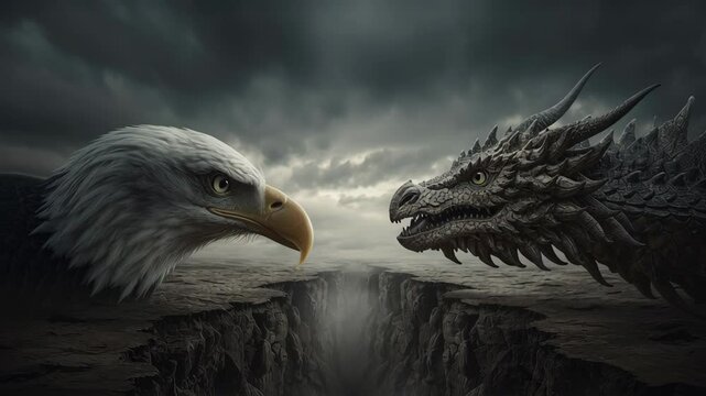 Eagle and Dragon in a Tense Standoff Symbolizing a US-China Trade War