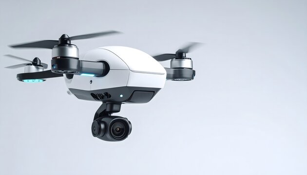 Floating AI surveillance droid with glowing sensors, positioned in lower-left. White gradient background creates clean space for UI, overlay, or ad design.