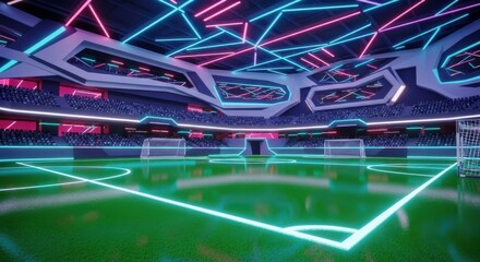 Futuristic Neon Soccer Stadium with Glowing Lines and Modern Architecture