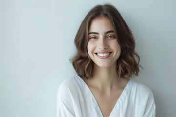 Obraz premium Confident young female model smiling with charm in professional portrait