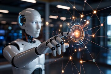 Fototapeta premium Advanced Artificial Intelligence Robot Interacting with Futuristic Digital Interface Network Connection