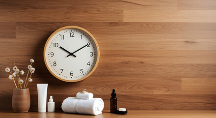 Clock with spa items on wood towels lotion