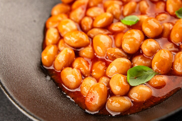 Bean stew tomato sauce cranberry beans vegetable dish beans borlotti fresh delicious gourmet food background on the table rustic food top view copy space keto and paleo diet vegan and vegan food