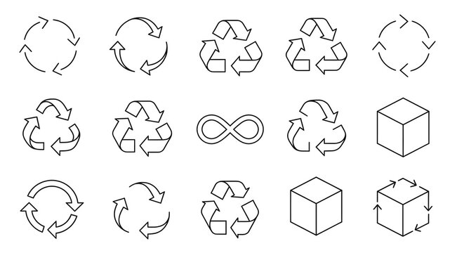 Conjunto de &iacute;conos de esquema de econom&iacute;a circular: sostenibilidad, reciclaje y s&iacute;mbolos ecol&oacute;gicos
