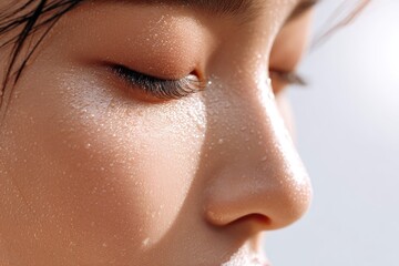 Fototapeta premium Close-up view of a person's face with sweat droplets.