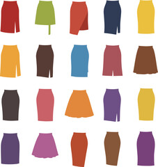 Vector illustration set of diverse women's skirts in various styles, lengths, and colors, including A-line, pencil, and pleated designs, representing fashion, versatility, and female apparel.