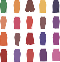 Vector illustration set of diverse women's skirts in various styles, lengths, and colors, including A-line, pencil, and pleated designs, representing fashion, versatility, and female apparel.
