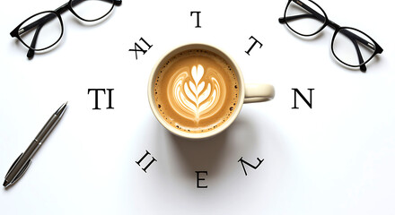Coffee cup with latte art and writing utensils image