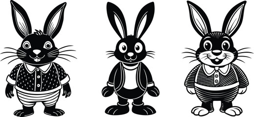 Set of Cartoon Rabbits Silhouette in Stylish Outfits