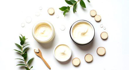 Cream jars green leaves wooden spoon skincare