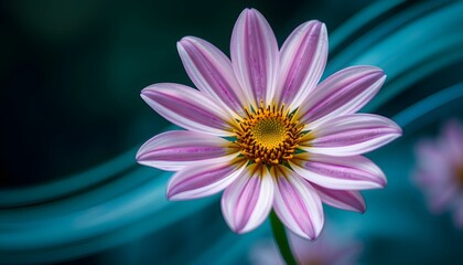 Close-up view of a daisy flower with purple and white petals, vibrant colors.
