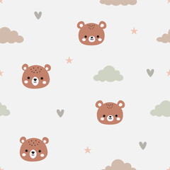 Seamless pattern cute bear in sky. Cloud, star and heart element. For Baby shower, Greeting card, Clothing kids, Fabric print, Wallpaper, Wrapping paper. Vector illustration