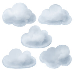 Watercolor illustration of soft fluffy clouds in blue and white tones. Transparent PNG for weather, nursery, or dreamy designs.