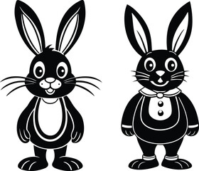 Set of Cartoon Rabbits Silhouette in Stylish Outfits