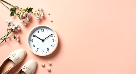 Delicate flowers and shoes with clock pink pearls