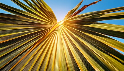 lush golden palm leaves reach towards a brilliant blue sky bathed in bright warm sunlight creating a tropical paradise atmosphere
