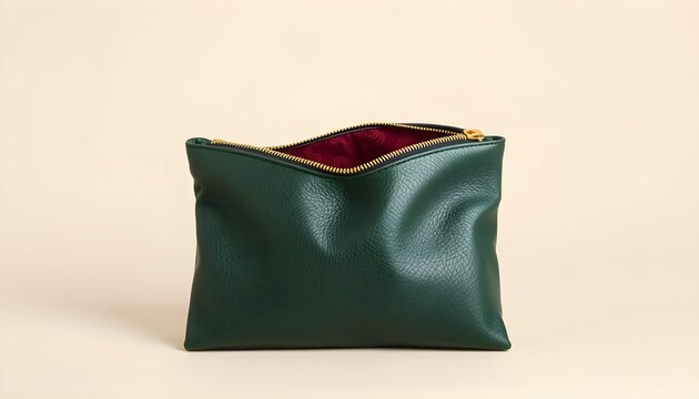 A deep green, zippered pouch, open to reveal a maroon interior.