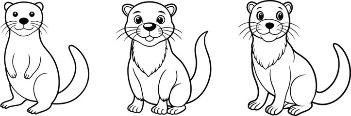 Cute Otter Coloring Page Set for Kids. Cartoon Otter Trio – Cute Vector Animal Set. 