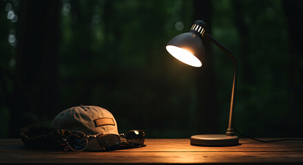 Desk lamp illuminates cap and sunglasses wooden table