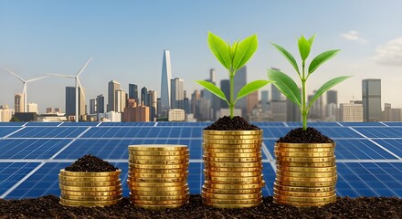 Pilas de monedas de oro con planta verde en panel solar, que simboliza la inversión de energía renovable.