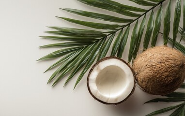White background, coconut with palm leaves on the side, close-up shot of one piece of open and half-closed coconuts, fresh and natural vibe, tropical vibes, top view, flat lay photography, 