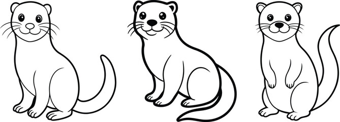 Cute Otter Coloring Page Set for Kids. Cartoon Otter Trio – Cute Vector Animal Set. 