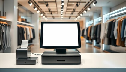 Modern retail point of sale system in a clothing store, with a blank screen terminal.