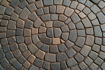 Circular pattern of textured stone tiles arranged in concentric rings, blending natural and geometric aesthetics on a pavement surface.