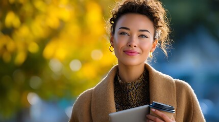 Smiling woman in a warm coat enjoying coffee and a tablet in a vibrant autumnal outdoor setting.