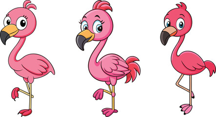 Cute Cartoon Flamingo Characters Set on transparent background