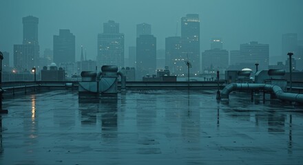 Fototapeta premium A city rooftop at dusk, reflecting in a wet surface. Misty, rainy scene