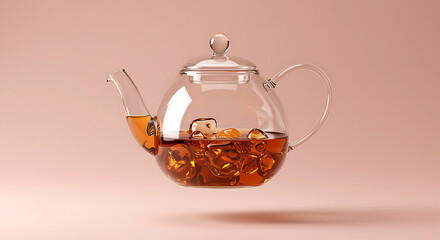 Glass teapot with amber liquid and ice cubes beverage