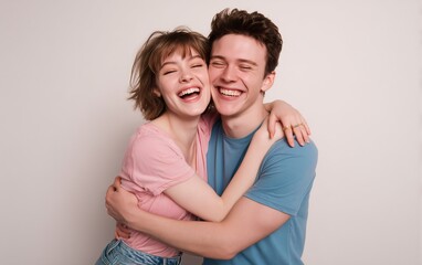 Fototapeta premium A young, happy woman and man embracing on a blue background, a couple in love, smiling at the camera. The image has an isolated, pastel-colored background.