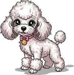 Adorable Cartoon Poodle Dog with Fluffy Fur and Pink Bow – Full Color Vector Illustration