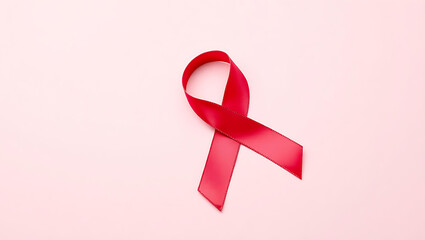 Red Awareness Ribbon on Pink Background Symbol of Support and Hope